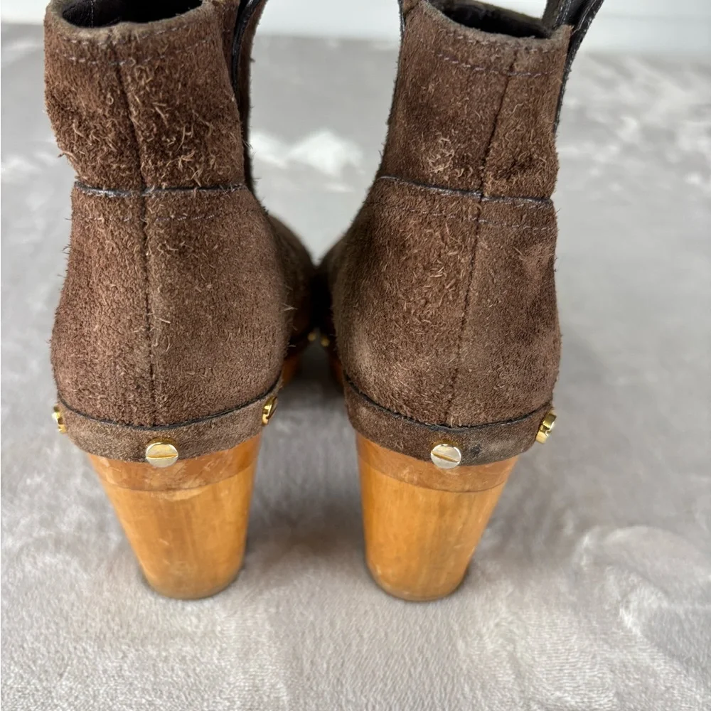 Tory Burch Suede Clog Ankle Boots Brown Wooden Heel Studded‎ Size 6 Women’s